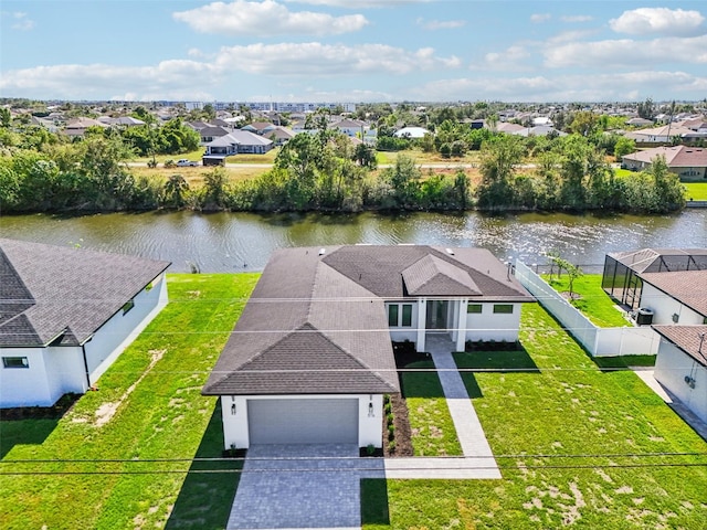 drone / aerial view featuring a water view