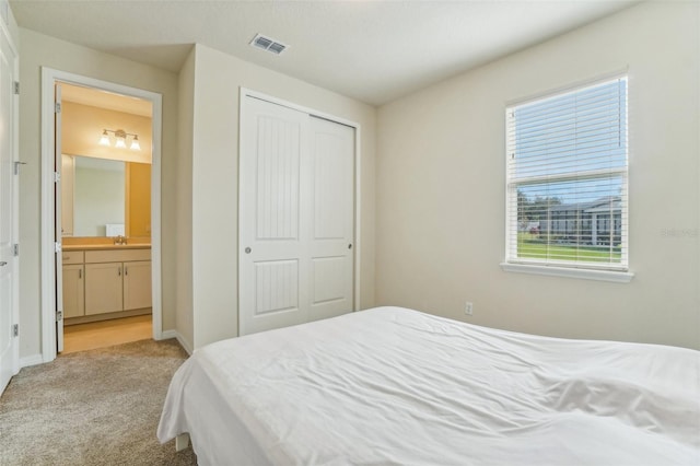 carpeted bedroom with ensuite bath, sink, and a closet