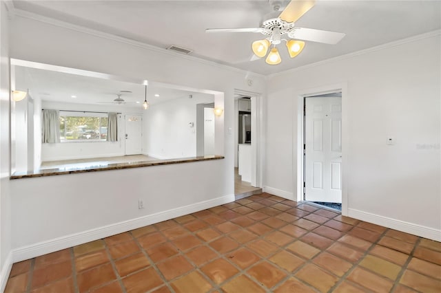 unfurnished room with tile patterned flooring, ceiling fan, and crown molding