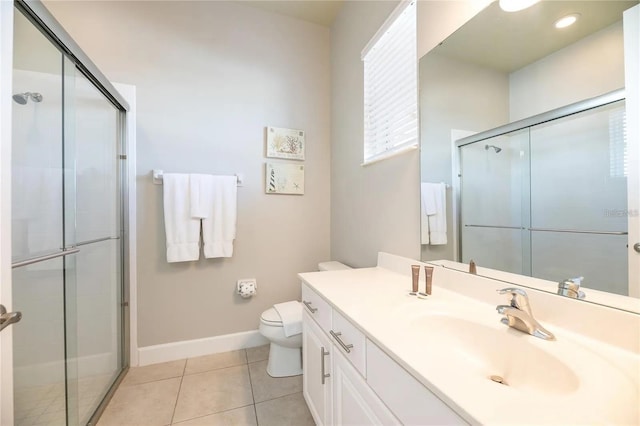 bathroom featuring tile patterned floors, a shower with shower door, and toilet