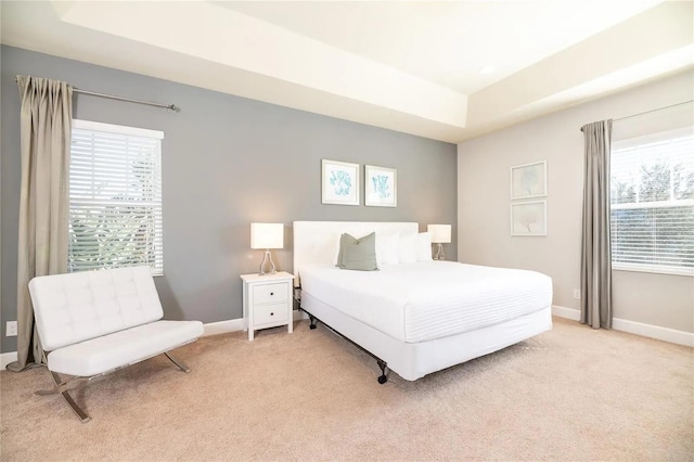 bedroom with a raised ceiling, light colored carpet, and multiple windows