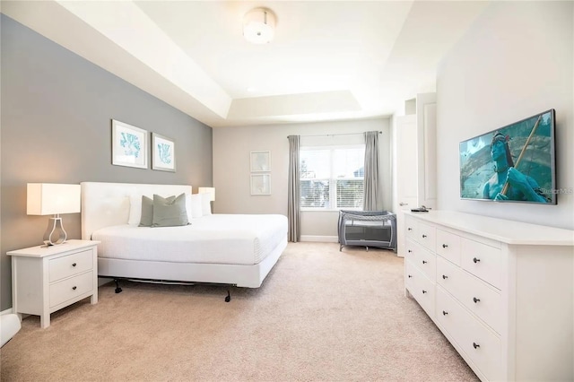 carpeted bedroom with a tray ceiling