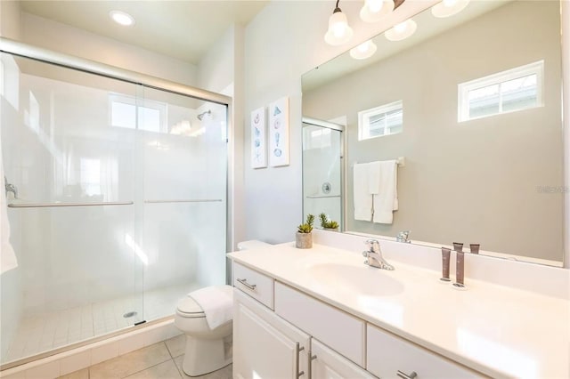 bathroom with tile patterned flooring, vanity, toilet, and a shower with door