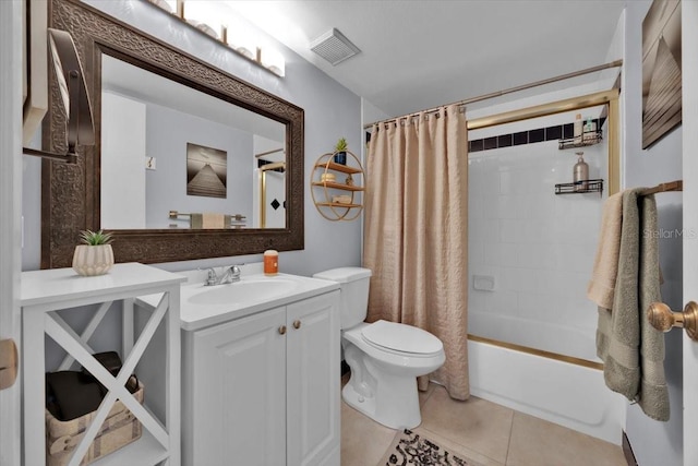 full bathroom with toilet, vanity, shower / bathtub combination with curtain, and tile patterned flooring