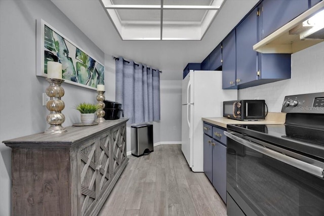 kitchen with blue cabinetry, tasteful backsplash, ventilation hood, stainless steel electric range, and light wood-type flooring