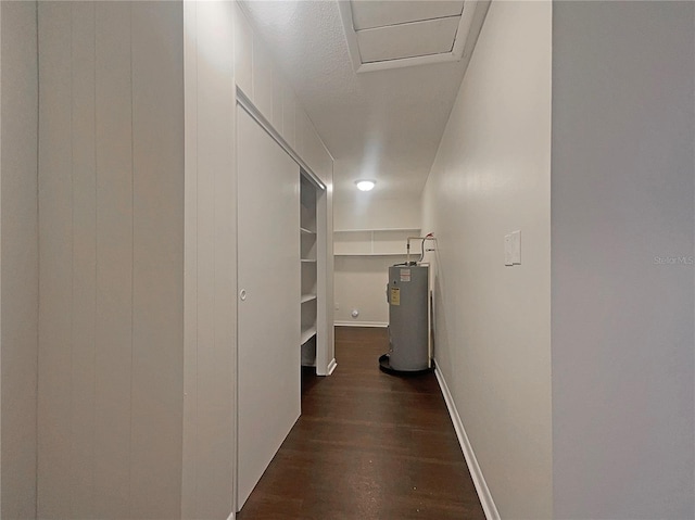 hallway featuring water heater and dark hardwood / wood-style floors