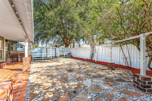 view of patio / terrace featuring a storage shed