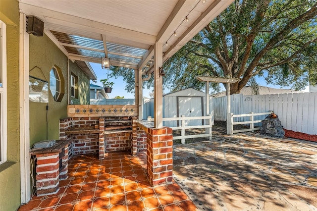 view of patio / terrace featuring a storage shed