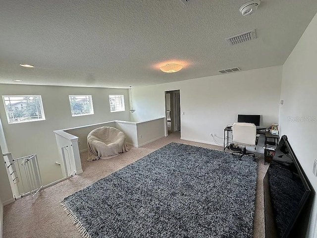 interior space with a textured ceiling and carpet floors