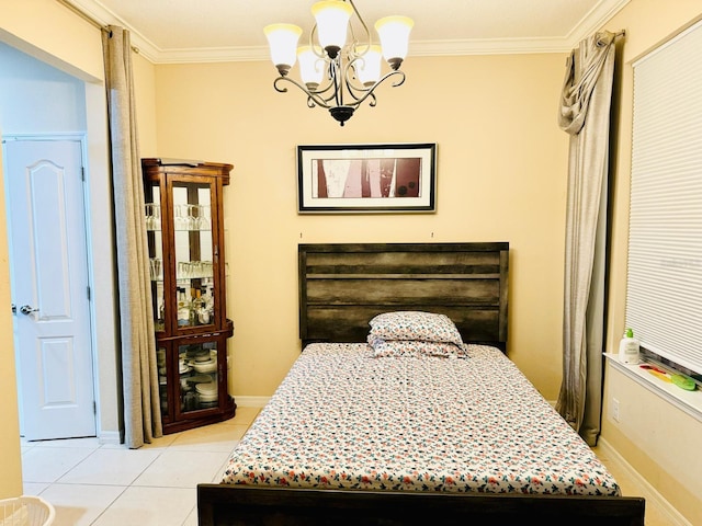 bedroom with light tile patterned floors, crown molding, and a notable chandelier