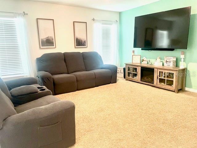 living room featuring carpet and a healthy amount of sunlight