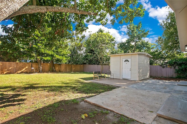 view of yard with a storage unit and a patio