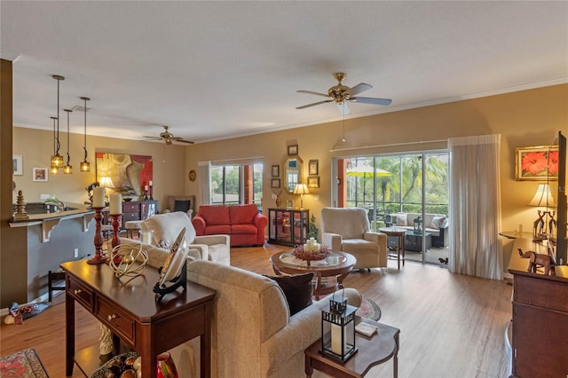 living room featuring light hardwood / wood-style floors, ceiling fan, and ornamental molding