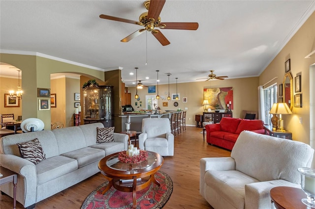 living room with ceiling fan with notable chandelier, wood-type flooring, and crown molding