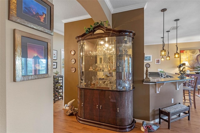 bar featuring decorative light fixtures, light hardwood / wood-style floors, and crown molding