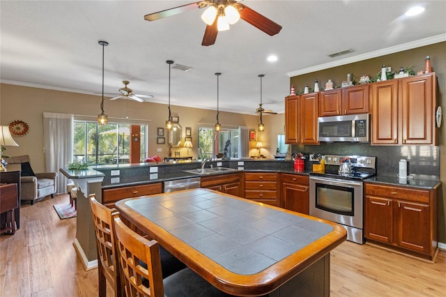 kitchen with hanging light fixtures, kitchen peninsula, light hardwood / wood-style floors, appliances with stainless steel finishes, and ornamental molding