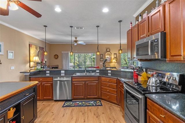 kitchen with crown molding, hanging light fixtures, light hardwood / wood-style floors, and appliances with stainless steel finishes