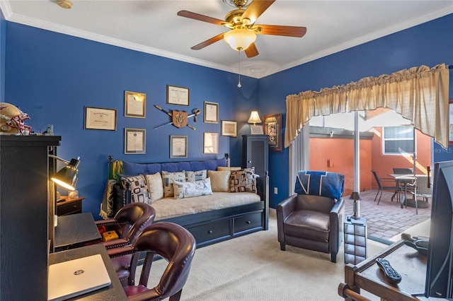 office area with carpet flooring, crown molding, and ceiling fan