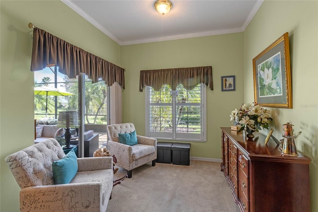 sitting room with light colored carpet and ornamental molding