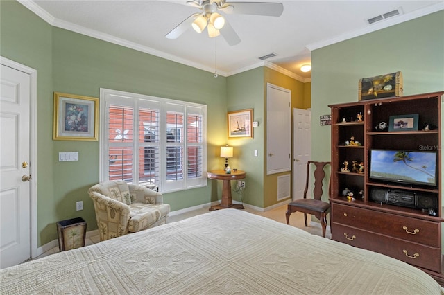 bedroom featuring ceiling fan and ornamental molding