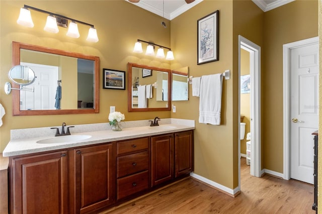 bathroom with vanity, hardwood / wood-style flooring, and ornamental molding