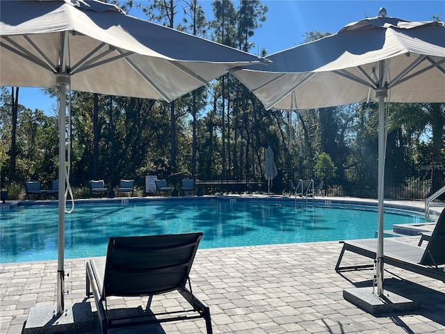 view of swimming pool featuring a fenced in pool and a patio