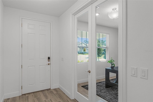 entrance foyer with baseboards, wood finished floors, and french doors