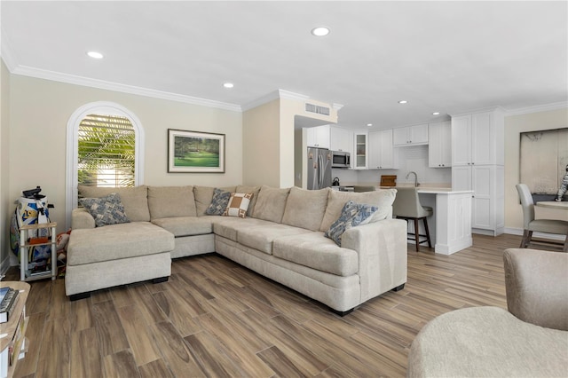 living room featuring hardwood / wood-style floors, ornamental molding, and sink