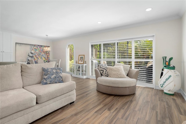 living room with wood-type flooring, an inviting chandelier, and ornamental molding