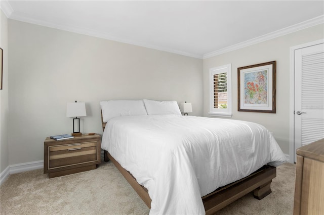 bedroom featuring light carpet and ornamental molding