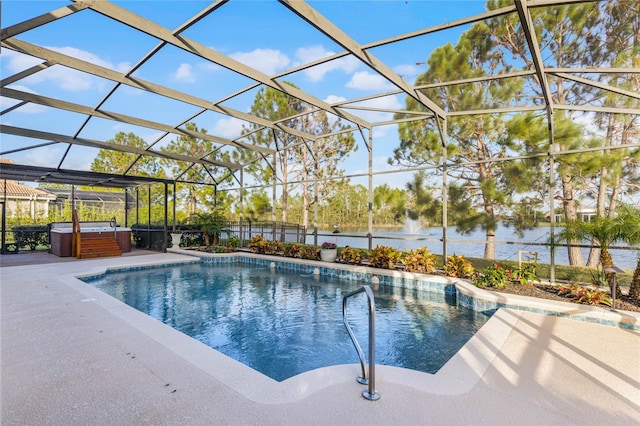 view of swimming pool with a lanai, a water view, a patio, and a hot tub