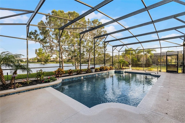 view of swimming pool featuring a water view, glass enclosure, and a patio area