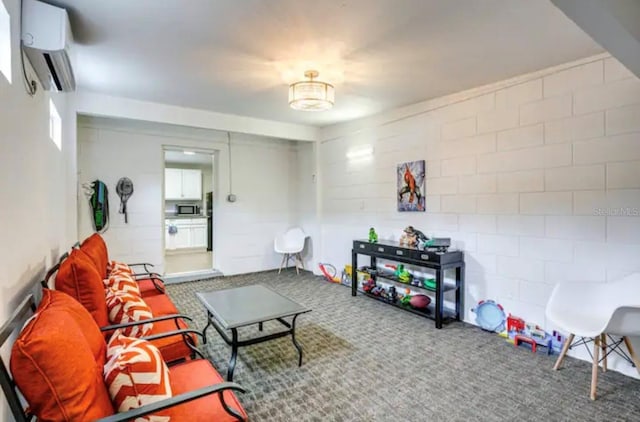 carpeted living room featuring an AC wall unit