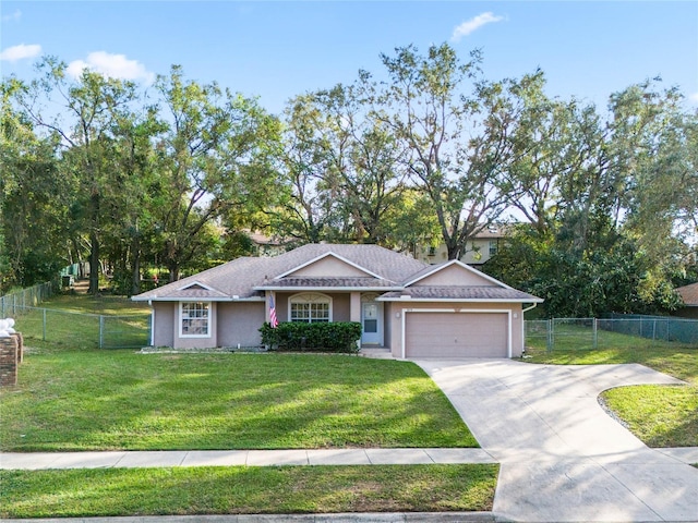 ranch-style house with a front yard and a garage