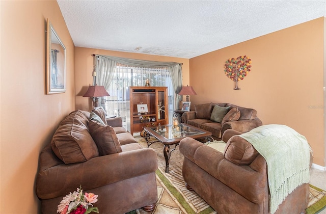 living room featuring carpet flooring and a textured ceiling