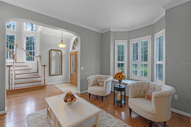 living room featuring light hardwood / wood-style floors and crown molding