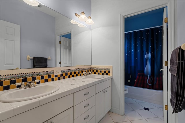 full bathroom with tasteful backsplash, shower / bath combination with curtain, tile patterned floors, vanity, and toilet