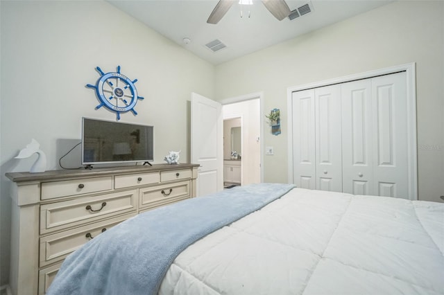 bedroom featuring ceiling fan and a closet