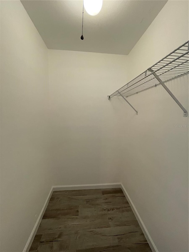 walk in closet with dark wood-type flooring