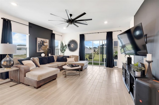 living room with ceiling fan