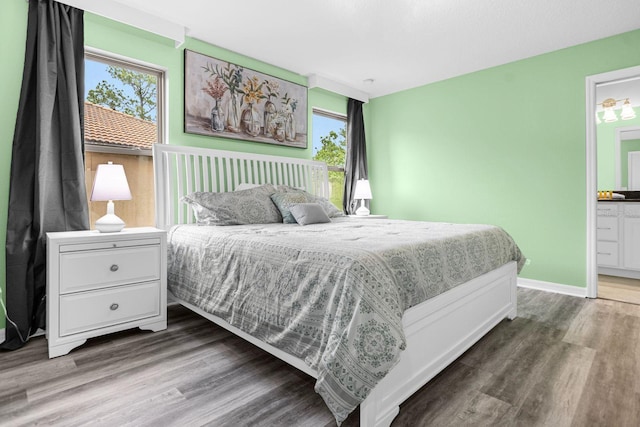 bedroom featuring dark hardwood / wood-style flooring and ensuite bathroom