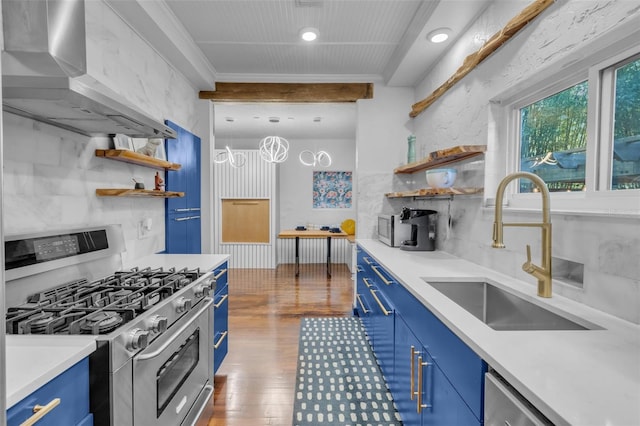 kitchen with sink, wall chimney exhaust hood, dark hardwood / wood-style floors, blue cabinets, and appliances with stainless steel finishes