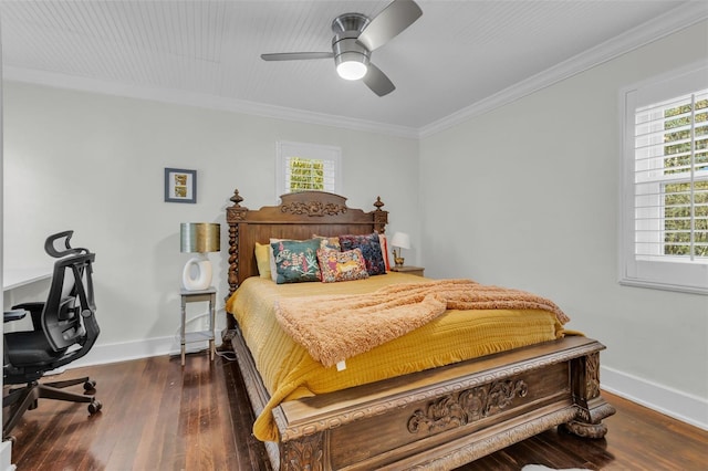 bedroom with ceiling fan, dark hardwood / wood-style floors, and ornamental molding