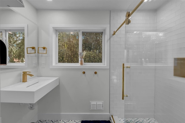 bathroom featuring plenty of natural light, a shower with shower door, and sink