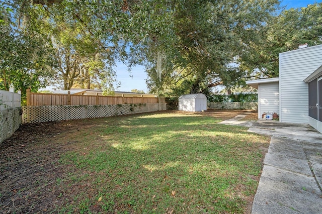 view of yard featuring a storage unit