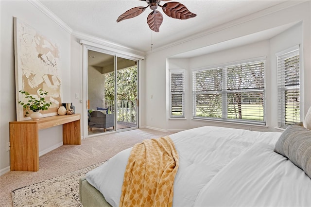 bedroom featuring access to exterior, ceiling fan, crown molding, and light carpet