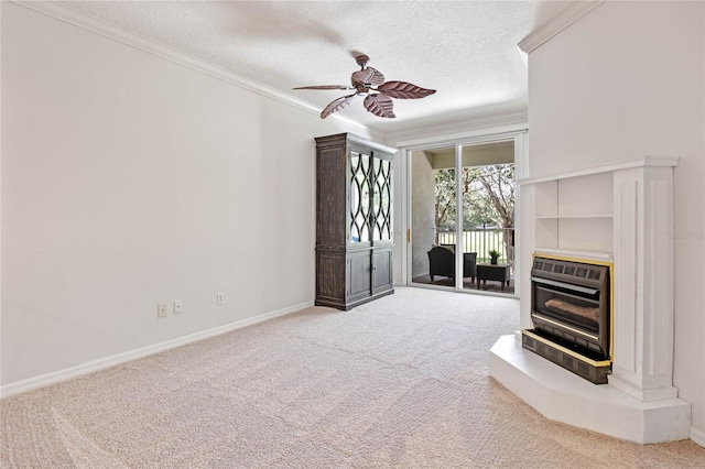 unfurnished living room featuring crown molding, a textured ceiling, heating unit, light colored carpet, and ceiling fan