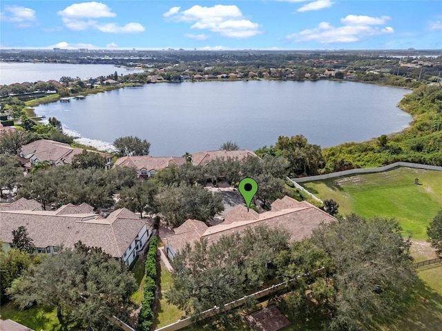 drone / aerial view featuring a water view