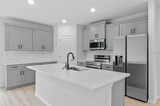 kitchen featuring decorative backsplash, stainless steel appliances, a center island with sink, and light hardwood / wood-style floors