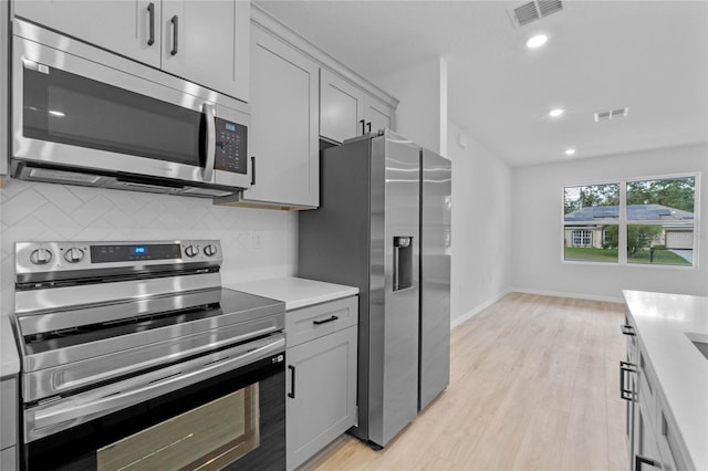 kitchen featuring backsplash, gray cabinets, light hardwood / wood-style floors, and appliances with stainless steel finishes